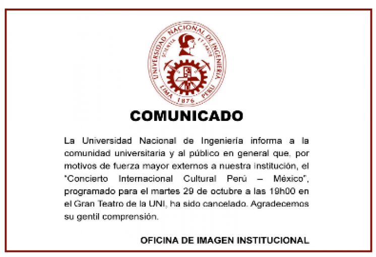 COMUNICADO CONCIERTO INTERNACIONAL CULTURAL PERÚ MÉXICO HA SIDO CANCELADO