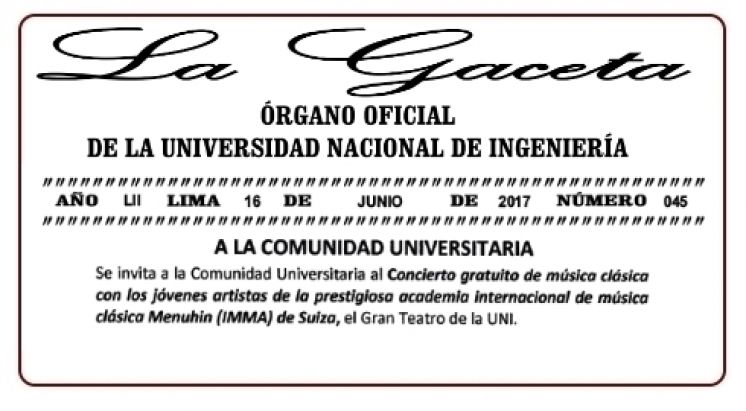 GACETA N° 045: SE INVITA A LA COMUNIDAD UNIVERSITARIA AL CONCIERTO GRATUITO DE MÚSICA CLÁSICA