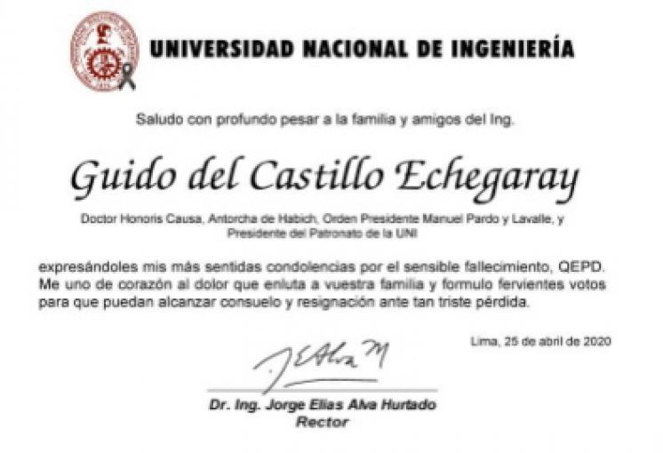 Lamentamos informar a toda la comunidad universitaria, el sensible fallecimiento del Ing. Guido del Castillo Echegaray