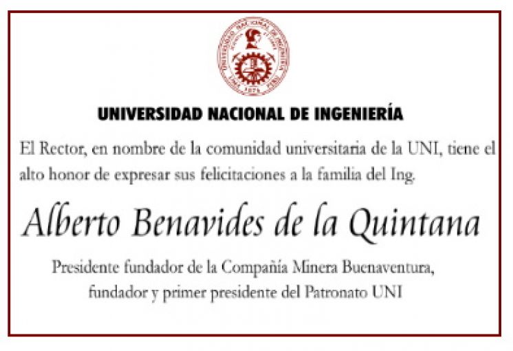 Tarjeta de Felicitación a la Familia del Ing. Alberto Benavides de la Quintana