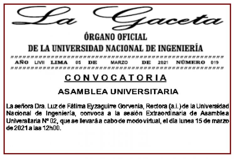 La GACETA N° 019 - 2021: CONVOCATORIA ASAMBLEA UNIVERSITARIA