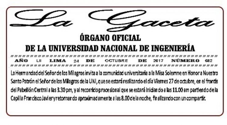 GACETA N° 082: INVITACIÓN A LA COMUNIDAD UNIVERSITARIA DE LA HERMANDAD DEL SEÑOR DE LOS MILAGROS