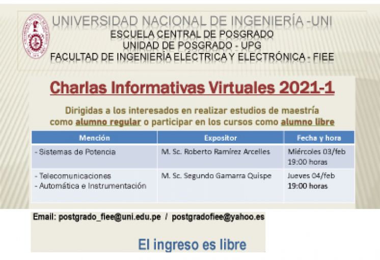CHARLAS INFORMATIVAS VIRTUALES 2021-1 - UNIDAD DE POSGRADO DE LA FIEE