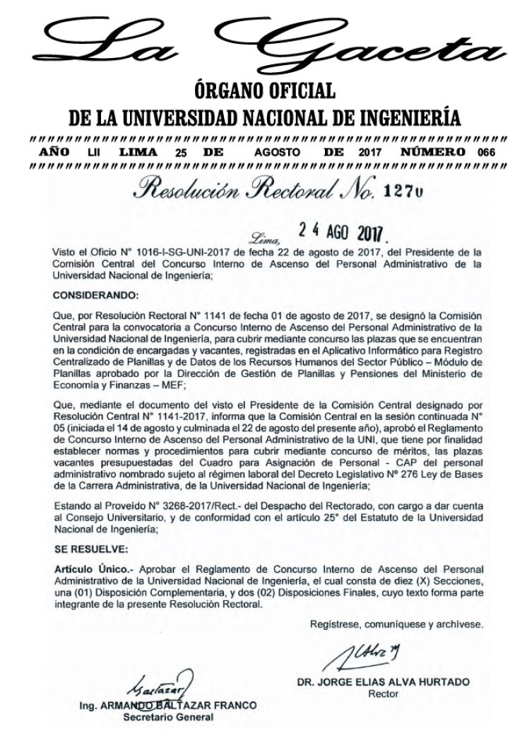 GACETA N° 066: R.R. N°1270 - Aprobar el Reglamento de Concurso Interno de Ascenso del Personal Administrativo de la UNI