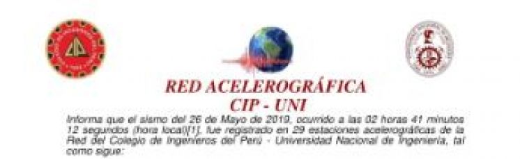 Red Acelerográfica CIP-UNI INFORMA ACERCA DEL SISMO DEL 26 DE MAYO, OCURRIDO A LAS 02 HORAS 41 MINUTOS 12 SEGUNDOS (HORA LOCAL).