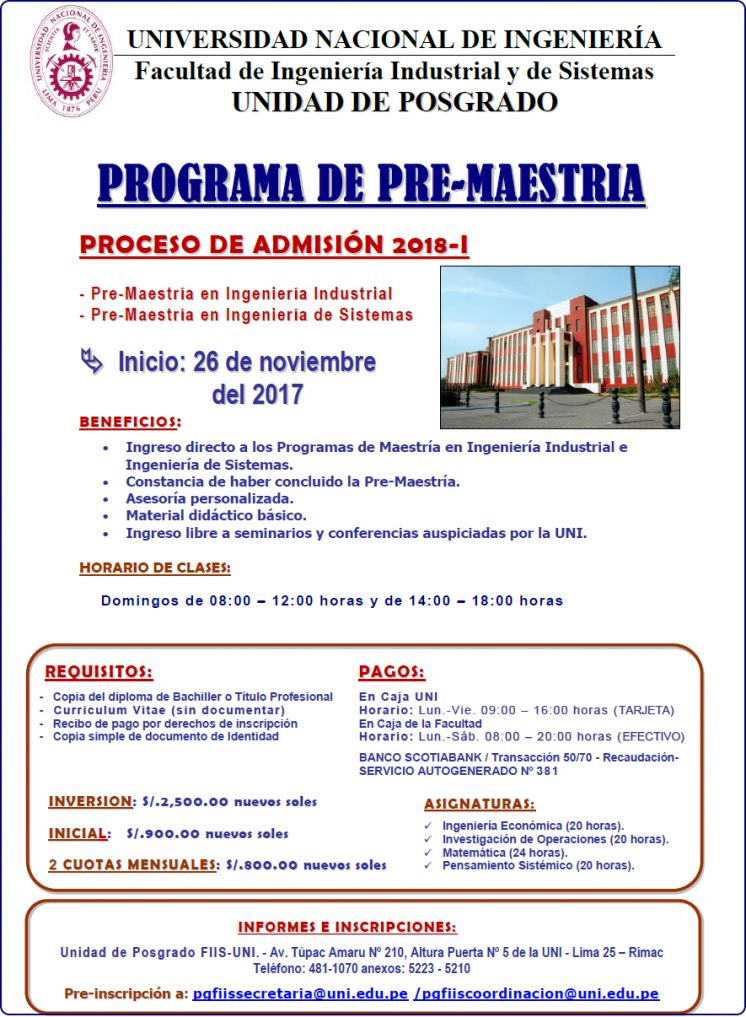 Programa de Admisión de PRE- Maestria 2018-I - UNIDAD DE POSGRADO DE LA FIIS