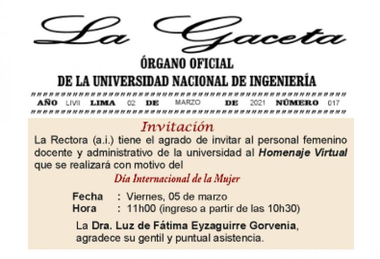 La GACETA N° 017 - 2021: Invitación al personal femenino docente y Administrativo de la UNI al Homenaje Virtual por el Día Internacional de la Mujer