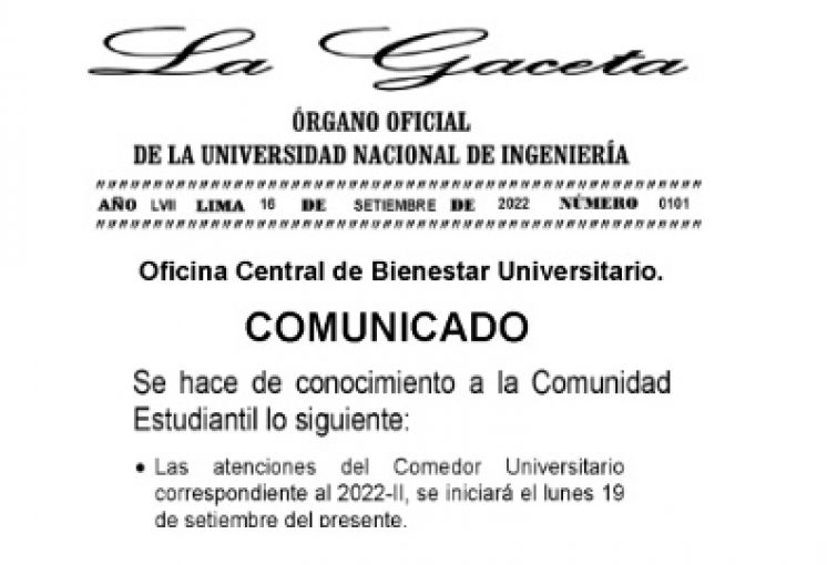 LA GACETA N° 0101-2022 - Comunicado OCBU: Atenciones 2022-2 del Comedor Universitario - Inicio 19 de Setiembre